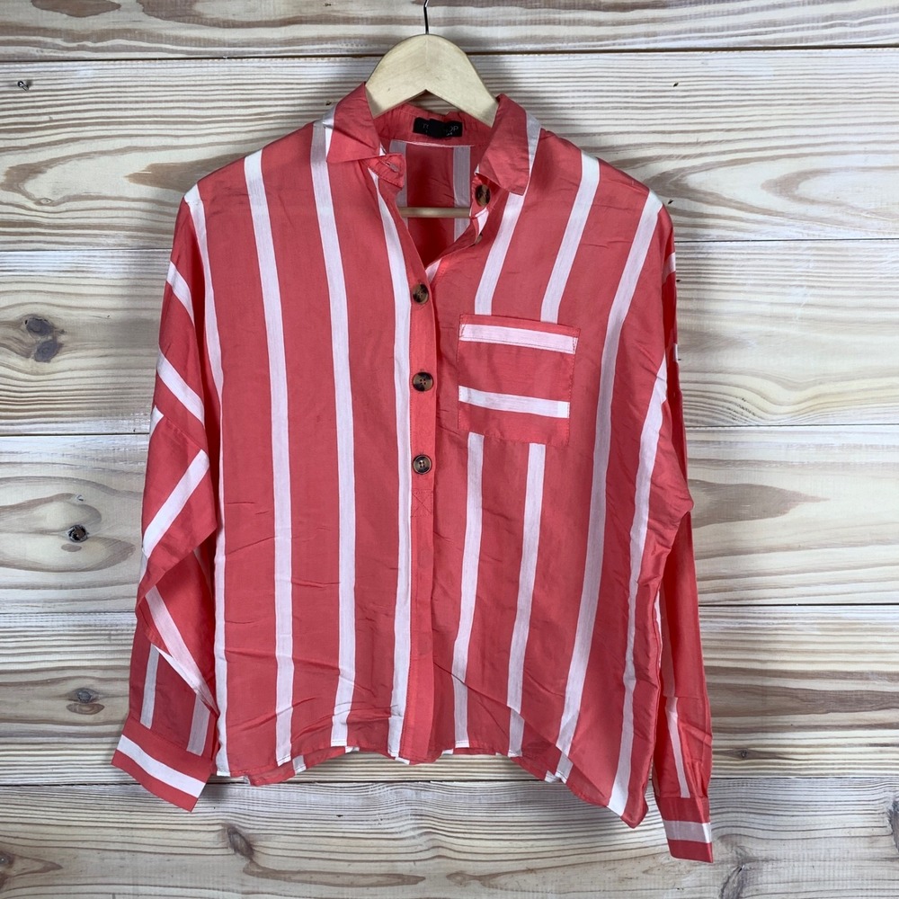 Topshop Button Down Shirt Womens US 2 Coral Red White Striped Long Sleeve Boxy